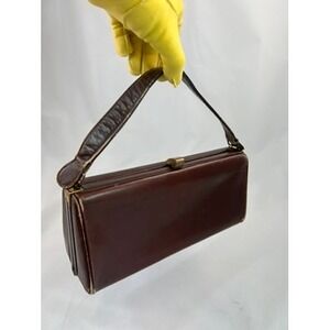 Vintage 1960s Brown Leather Handbag Top Handle Frame Purse Structured